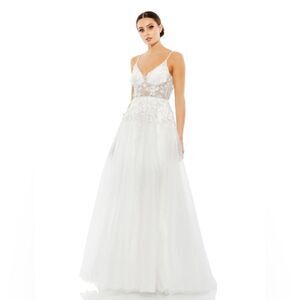 Mac Duggal APPLIQUED V NECK SLEEVELESS OPEN BACK A LINE GOWN embellished dress